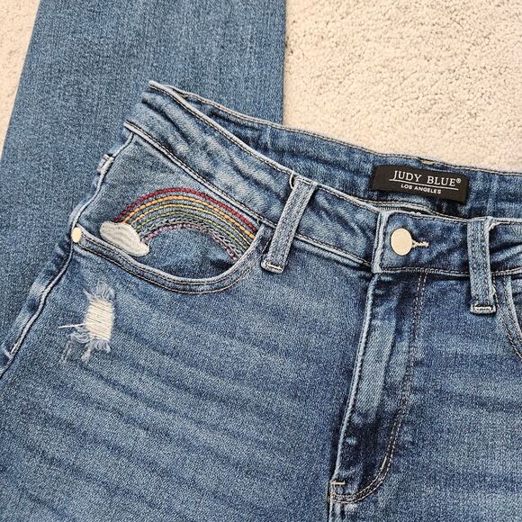Judy Blue | Rainbow Embroidered Straight Leg High Rise Denim Jeans, Womens 30 - Picture 4 of 9